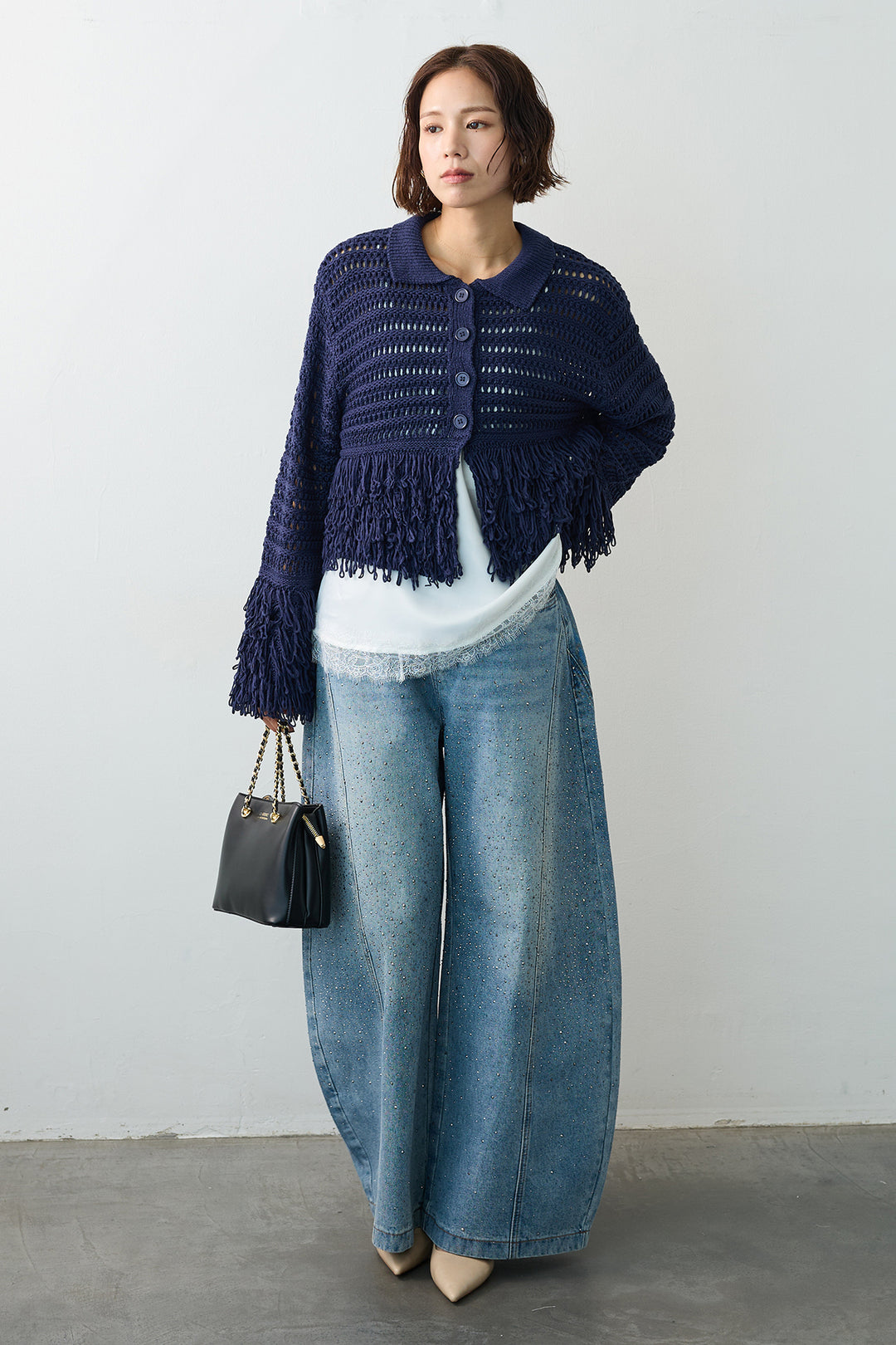 [予約/SET]メッシュフリンジクロップドニット+スパークルラインストーンカーブデニム(2set)