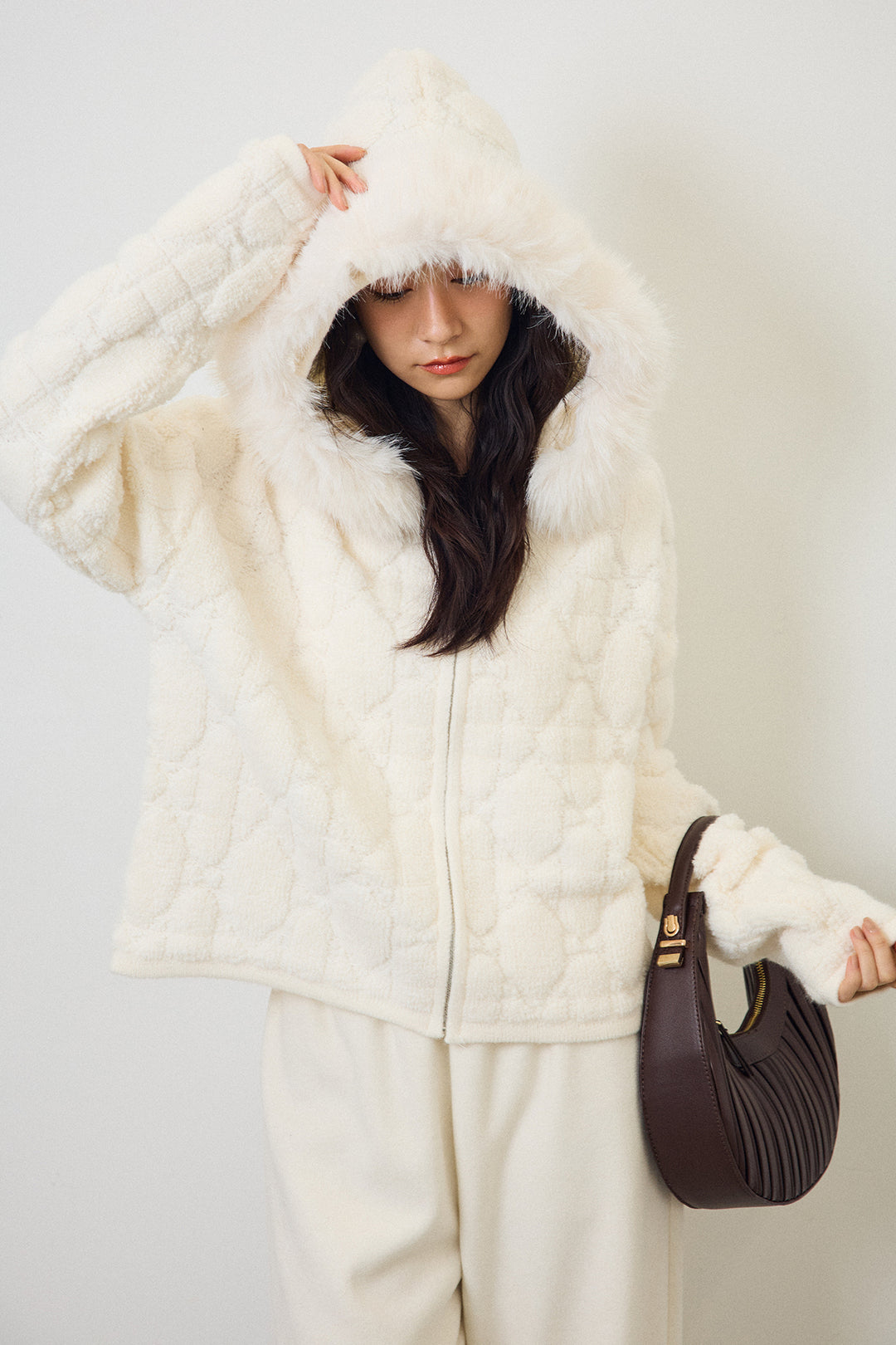 [予約/SET]フードファーキルトZIPニットブルゾン+ウォームタッチイージーパンツ(2set)