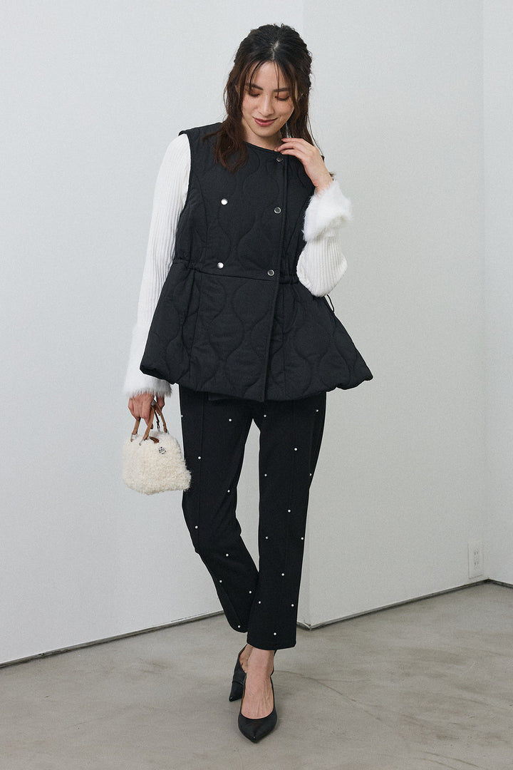 [予約/SET]フェザー切替スリーブフレアニット+キルティングフレアシルエットベスト+センターシームランダムパールパンツ(3set)