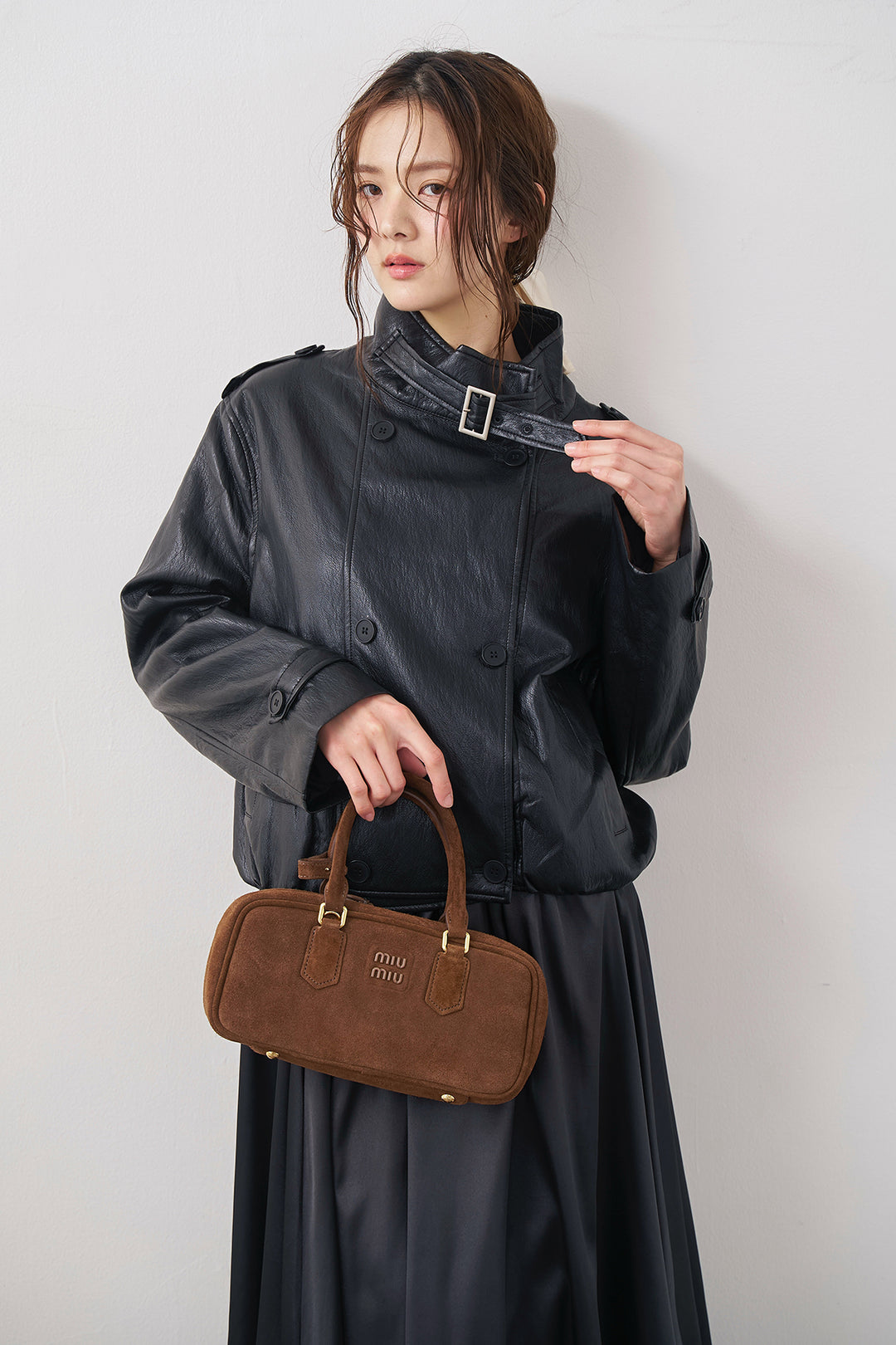 [予約/SET]レザーライククロップドジャケット+サテンシャイニーバルーンスカート(2set)