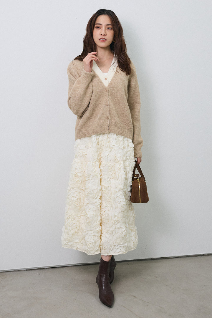 [予約/SET]配色レイヤードニットカーデ+ローズフラワー立体フレアスカート(2set)