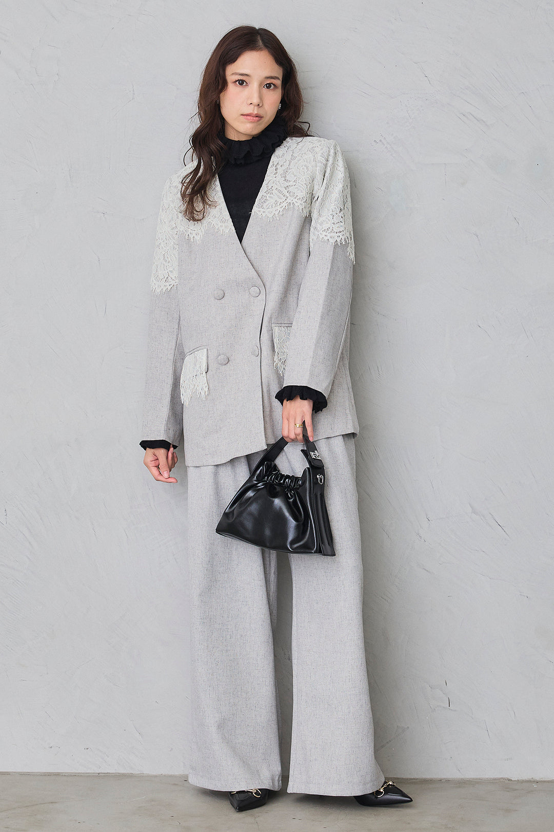 [予約/SET]ダブルフリルカラーニットプルオーバー+ショルダーレースデザインジャケット+ライトツイードタックパンツ(3set)