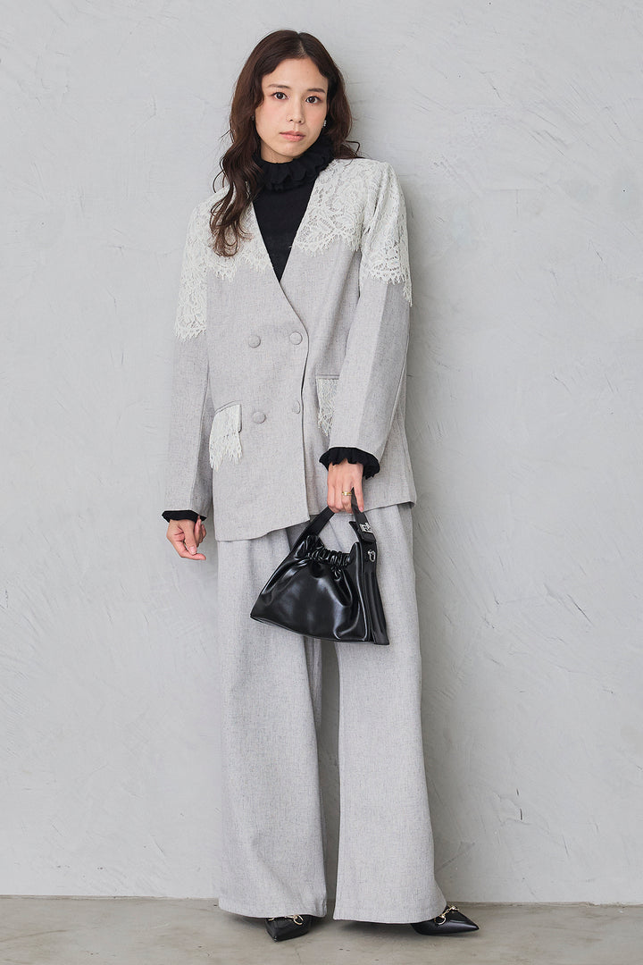 [予約/SET]ダブルフリルカラーニットプルオーバー+ショルダーレースデザインジャケット+ライトツイードタックパンツ(3set)