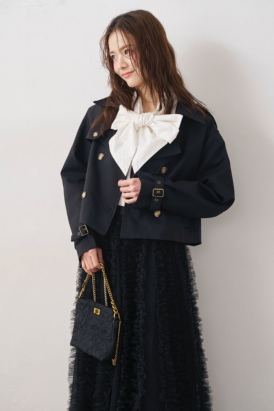 [予約/SET]BIGリボン綿ブラウス+クラシカルショートトレンチ+Iラインホイップチュールスカート(3set)