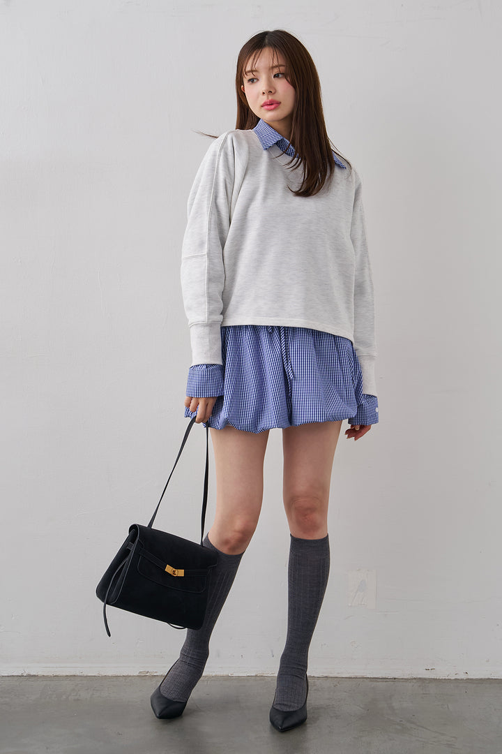 [予約/SET]ギンガムチェックバルーンミニボトムセットアップ+コクーンシルエットライトスウェットPO(2set)