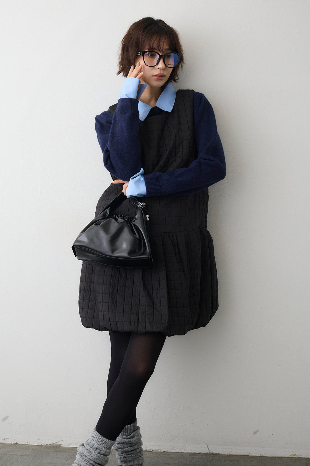 [予約/SET]シャツレイヤードニットプルオーバー+キルティングデザインミニジャンスカ(2set)