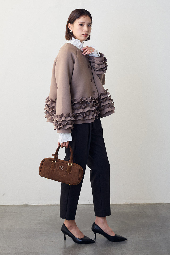 [予約/SET]ローズモチーフフリルカラーシャツ+フリルティアードボンディングクロップドコート(2set)