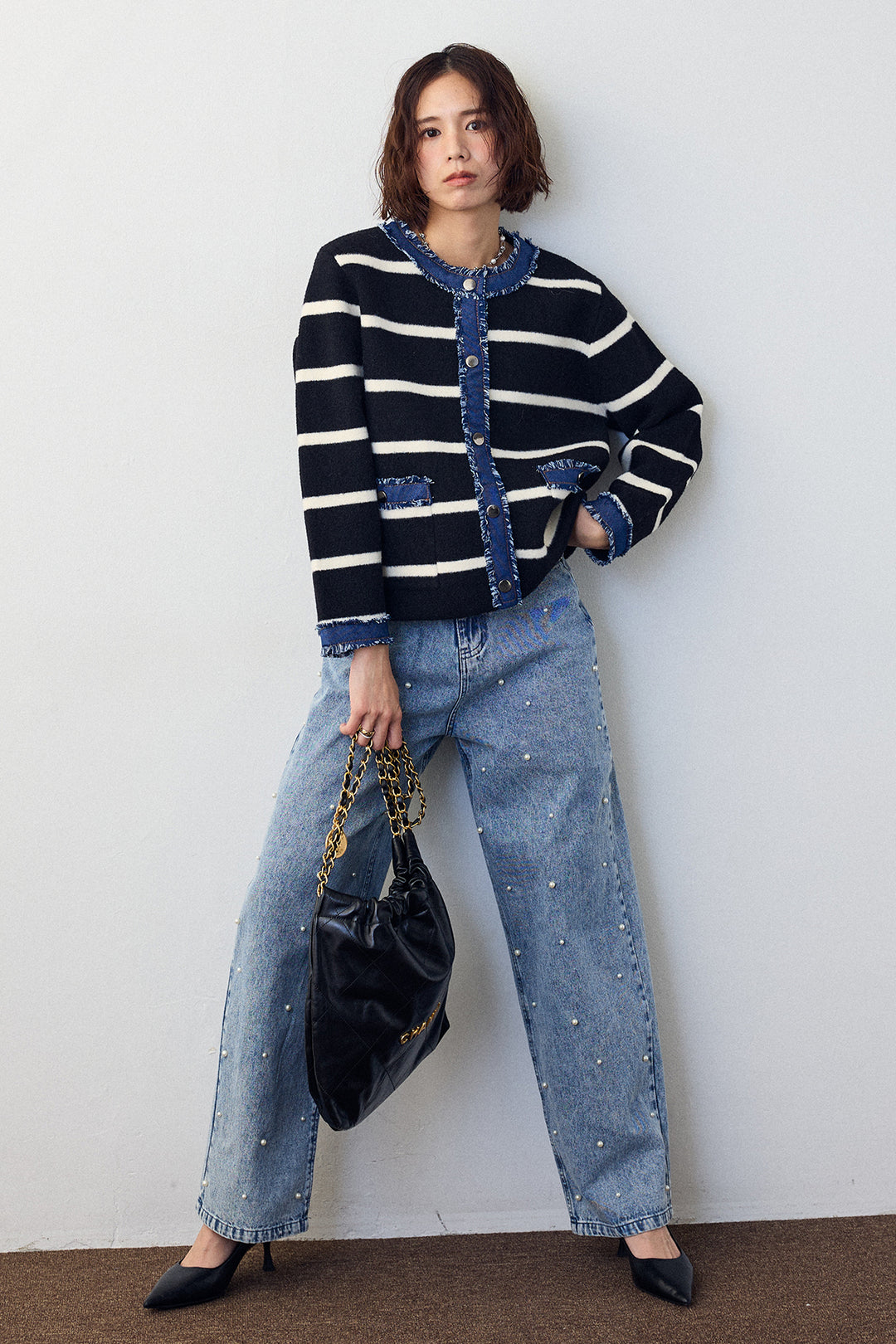 [予約/SET]デニムドッキングマルチパターンカーデ+パールスタッズストレートハイウエストデニム(2set)