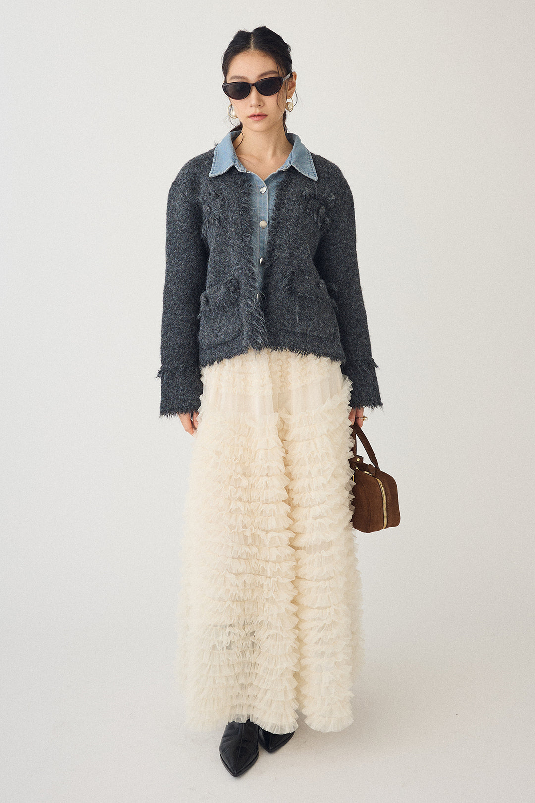 [予約/SET]デニムシャツドッキングツイードカーデ+ホイップチュールティアードスカート(2set)