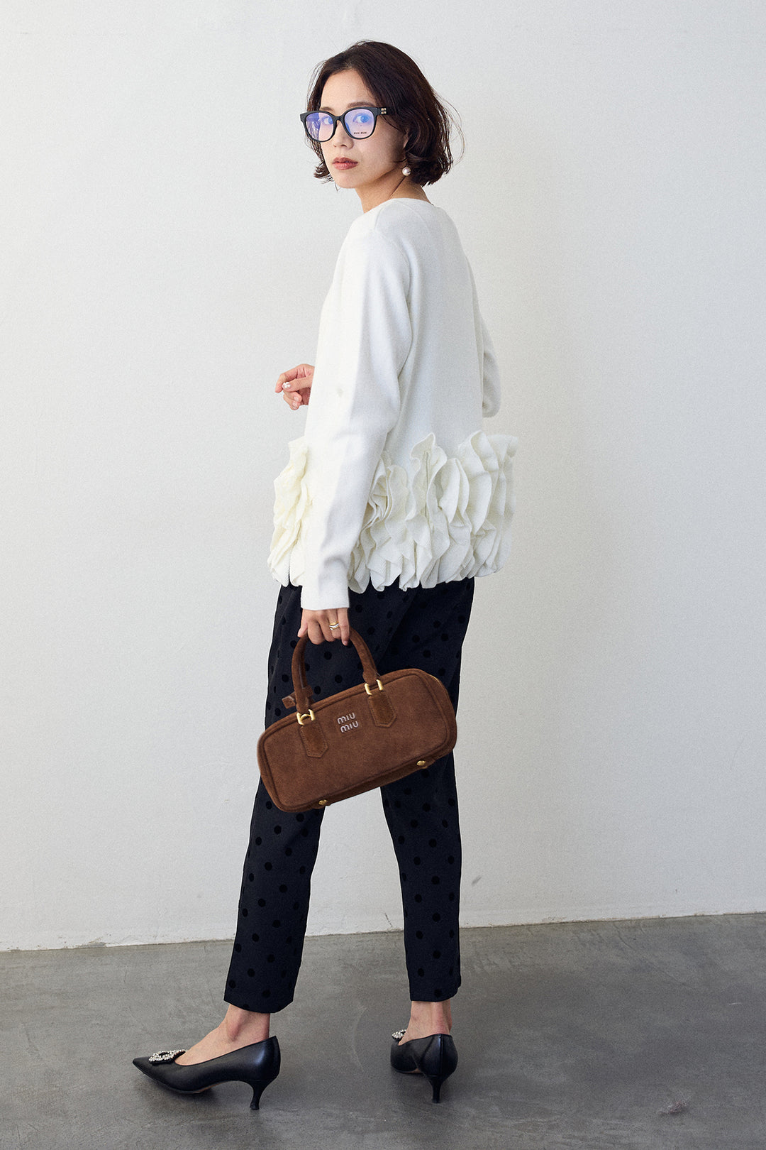 [予約/SET]フリルホイップニットカーディガン+ドット柄センターラインテーパードパンツ(2set)