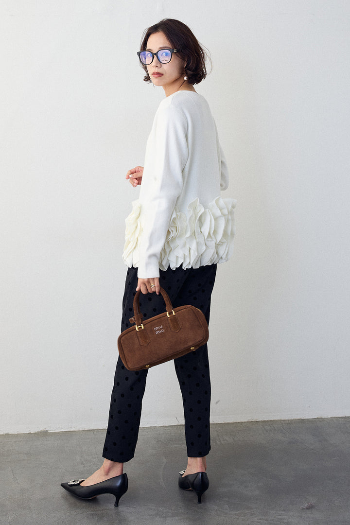 [予約/SET]フリルホイップニットカーディガン+ドット柄センターラインテーパードパンツ(2set)