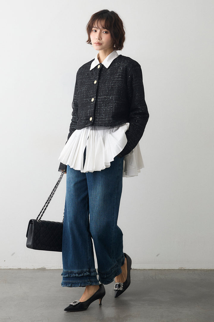 [予約/SET]ツイード×チュールレイヤードクロップドジャケット+フリルヘムデニムパンツ(2set)