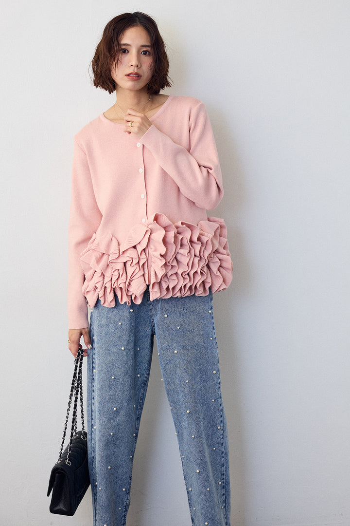 [予約/SET]フリルホイップニットカーディガン+パールスタッズストレートハイウエストデニム(2set)