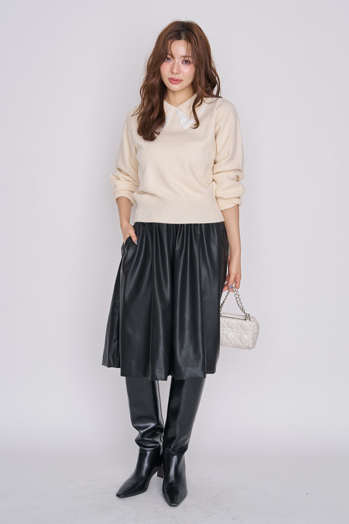 [予約/SET]レースレイヤードダブル襟ニットPO+レザーライクフレアキュロット(2set)