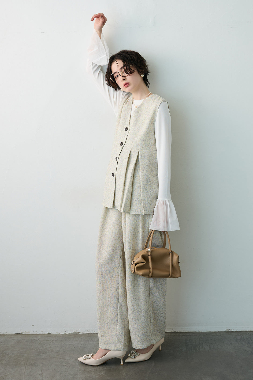 [予約/SET]サマーツイードボックスプリーツベスト+サマーツイードウエストラインタックパンツ(2set)