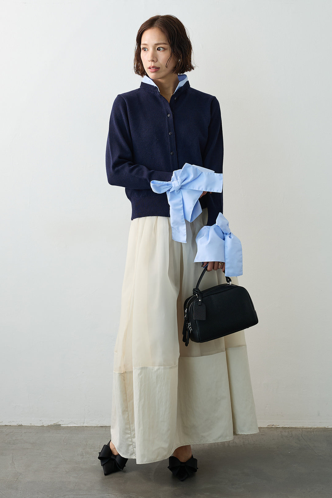 [予約/SET]BIGリボンカフスデザインニットドッキングカーデ+オーガンジー×タフタコクーンスカート(2set)