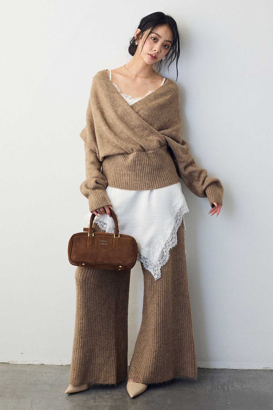 [予約/SET]カシュクール美ラインニットセットアップ+サテンレースアシメキャミ(2set)