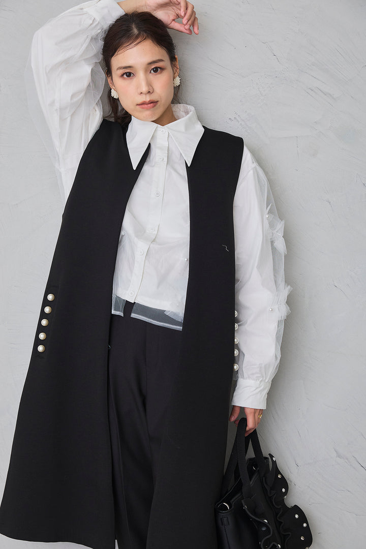 [予約/SET]チュールレイヤードパールシャツ+タックテーパードパンツ(2set)