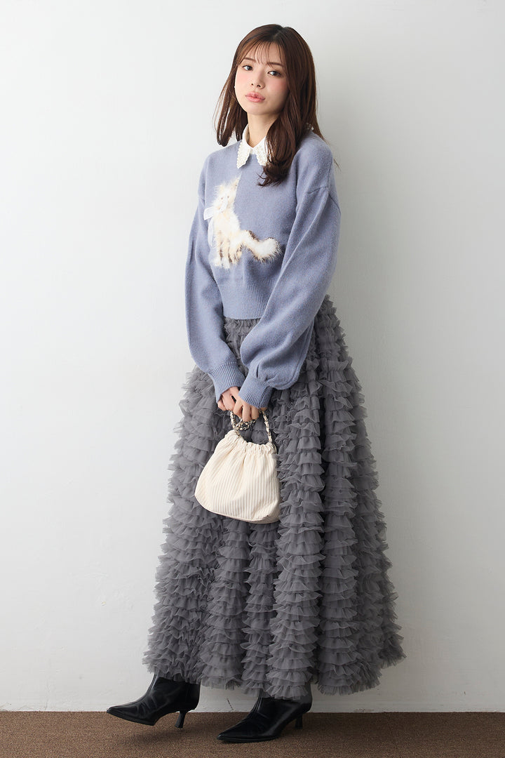 [予約/SET]2連パール付け襟+シャギーリボンキャットモチーフニットPO+ホイップチュールティアードスカート(3set)