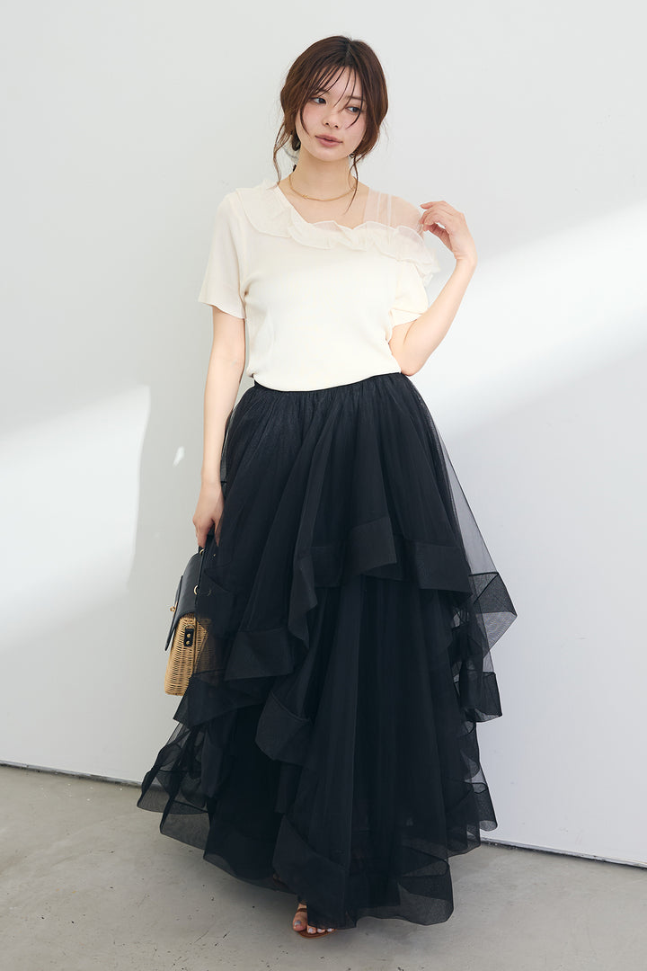 [予約/SET]シースルー×フリルドッキングトップス+ランダムフリルティアードボリュームスカート(2set)