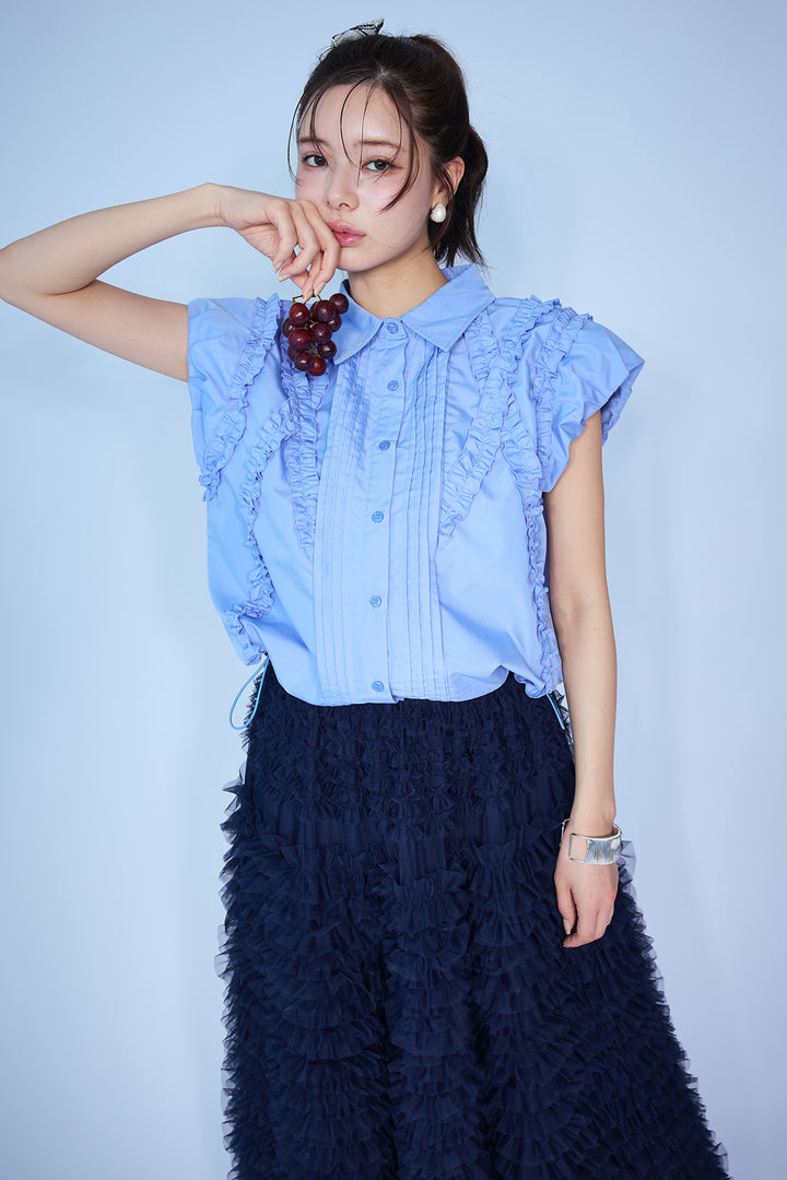[予約]ミックスフリルピンタックサイドドロストブラウス