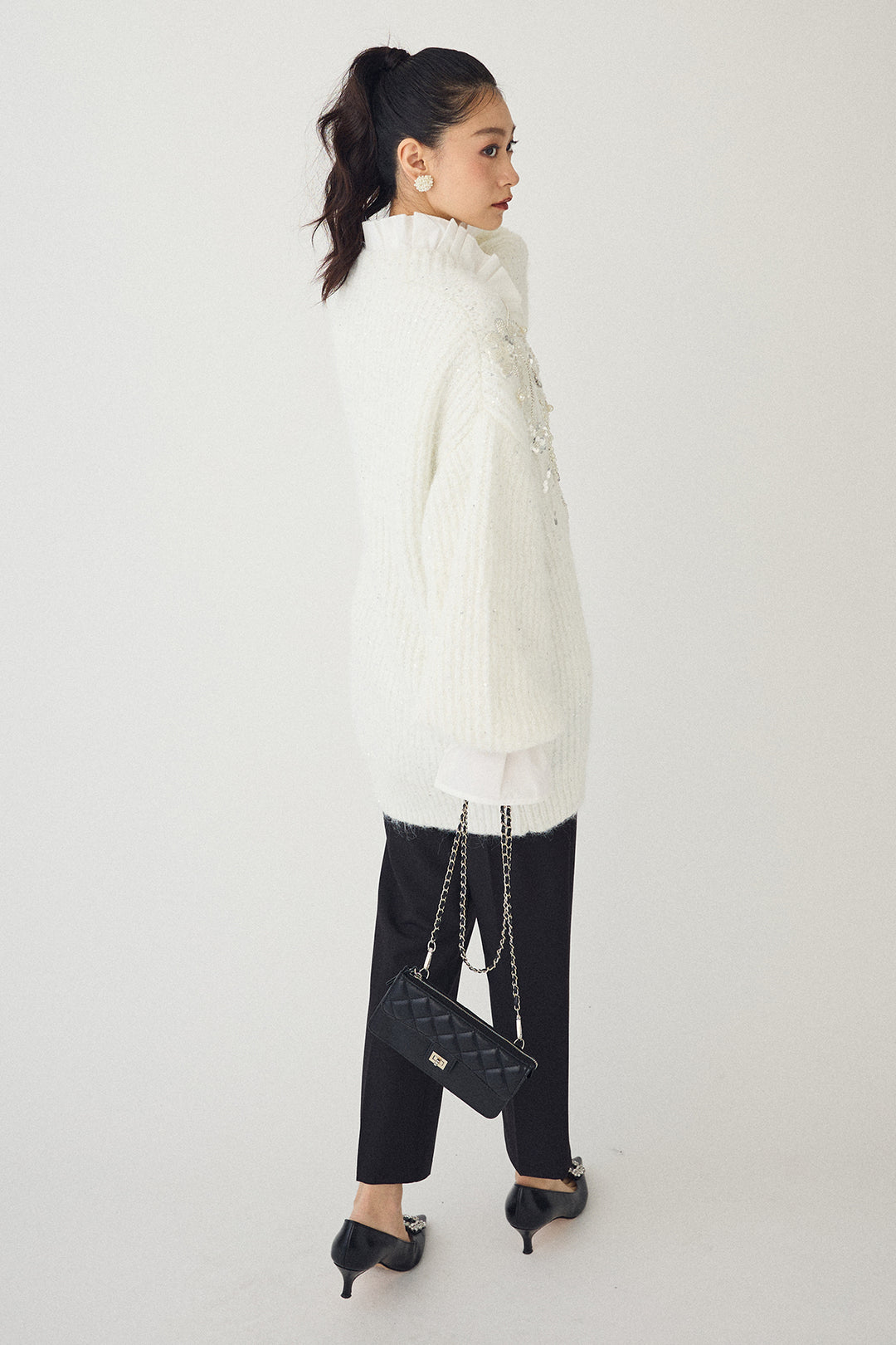 [予約/SET]ビーズフラワースパンコールシャイニーニットカーデ+タックテーパードパンツ(2set)