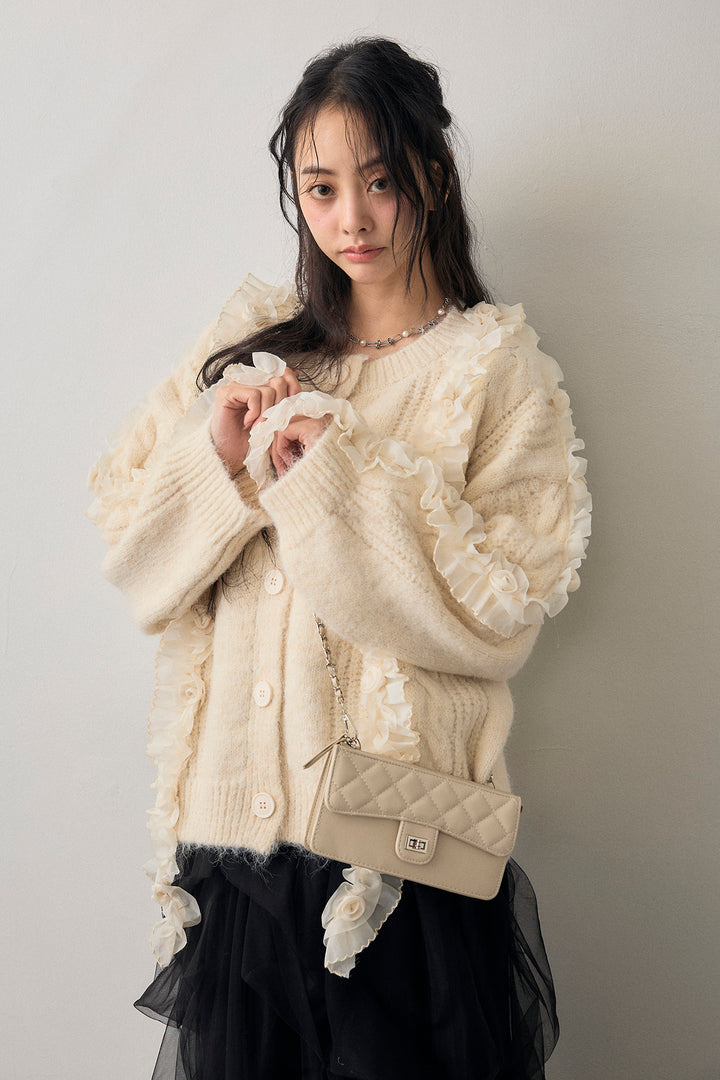 [予約/SET]フリルローズドッキングニットカーデ+マルチパターンタックチュールスカート(2set)