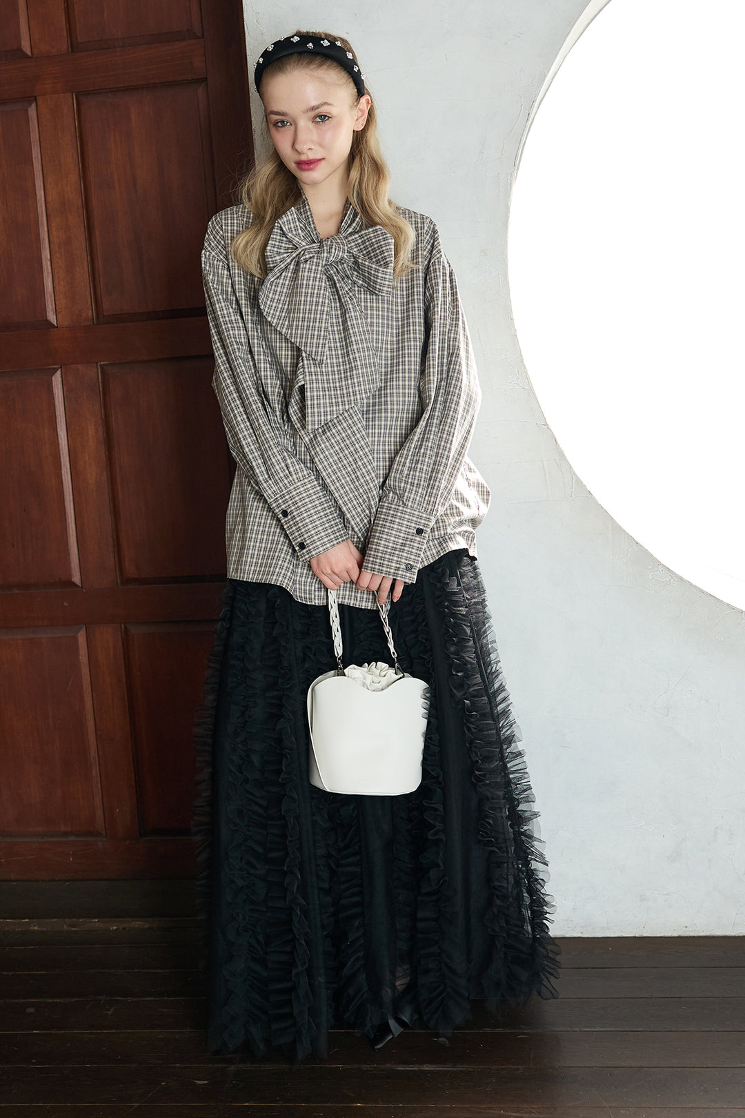 [予約/SET]マルチパターンボウタイアシメシャツ+Iラインホイップチュールスカート(2set)