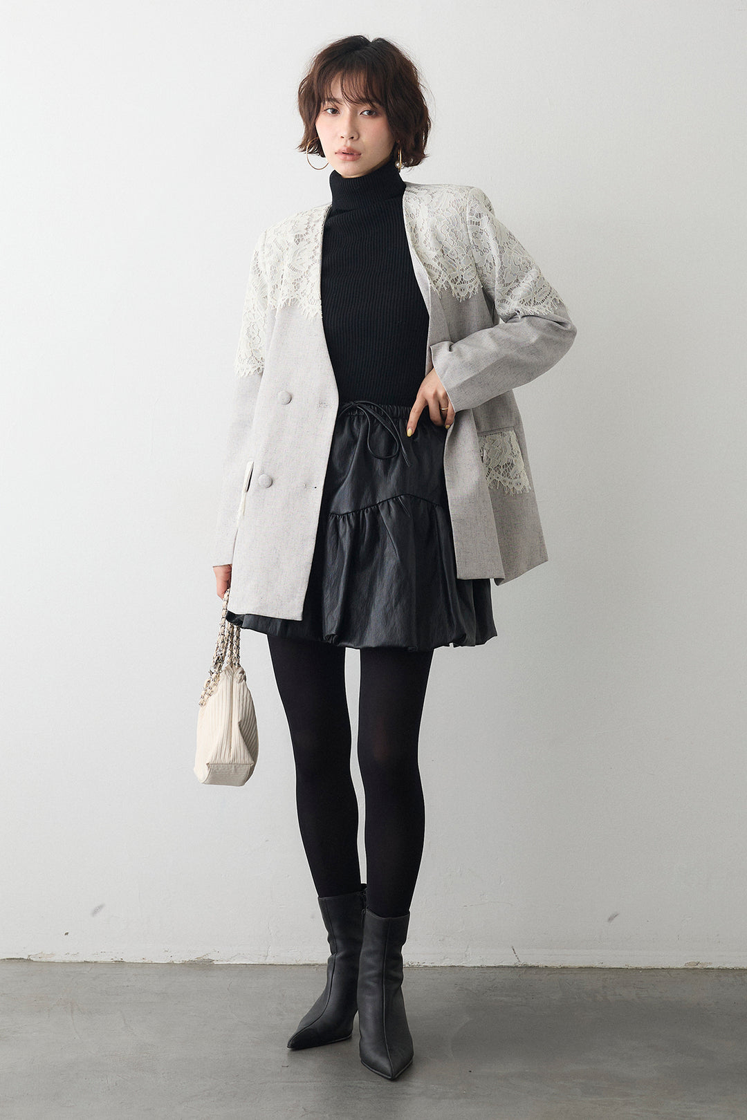 [予約/SET]ショルダーレースデザインジャケット+フェイクレザーティアードバルーンミニスカート(2set)