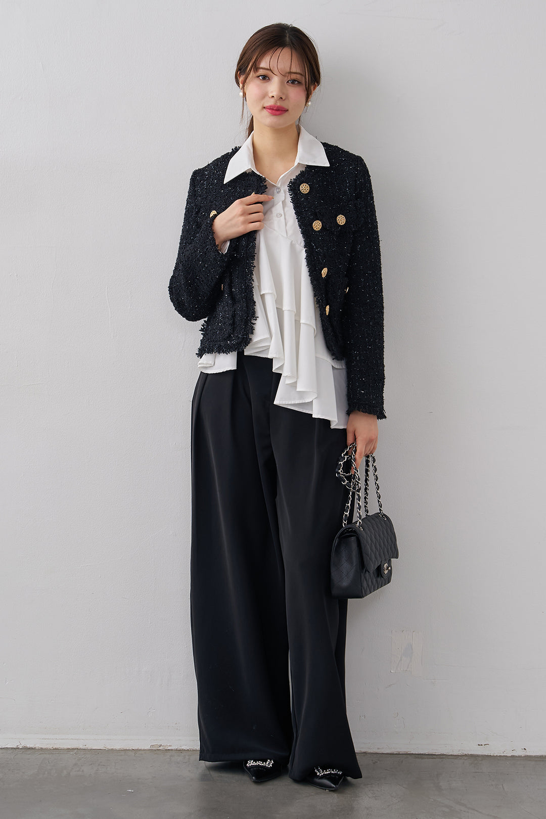 [予約/SET]アシメフリルティアードシャツ+フリンジツイードゴールドボタンジャケット+エステルツイルタックワイドカラーパンツ(3set)