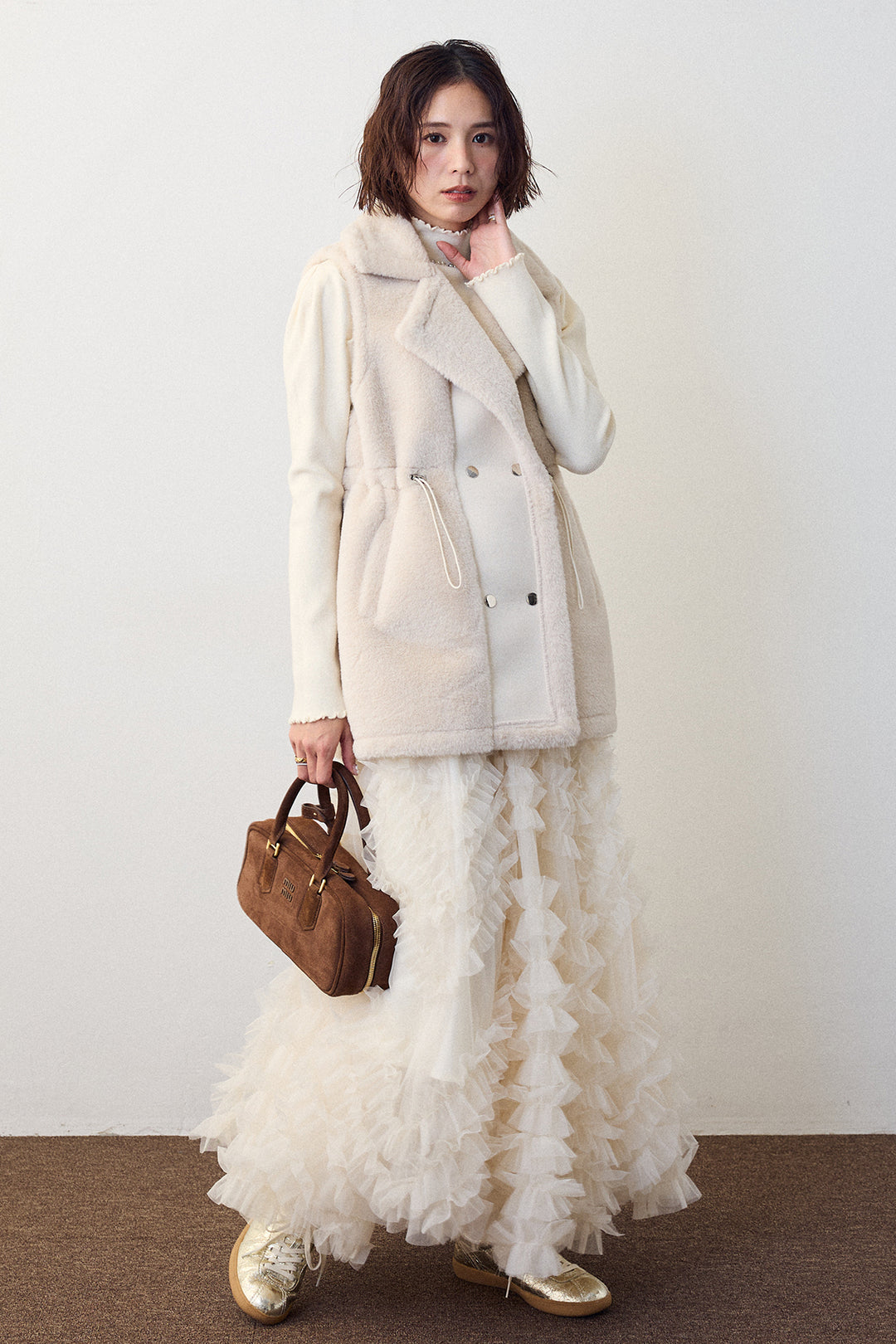 [予約/SET]テディボアウエストドロストベスト+スフレアシメチュールスカート(2set)