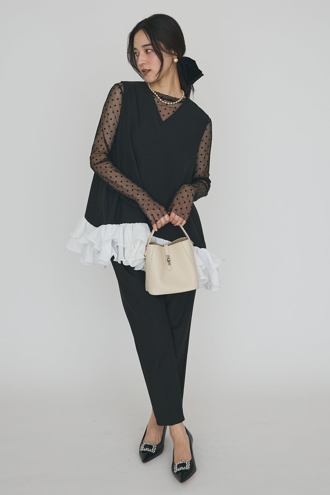 [予約/SET]シアードットフロッキートップス+異素材フリルヘムVネックチュニック+タックテーパードパンツ(3set)