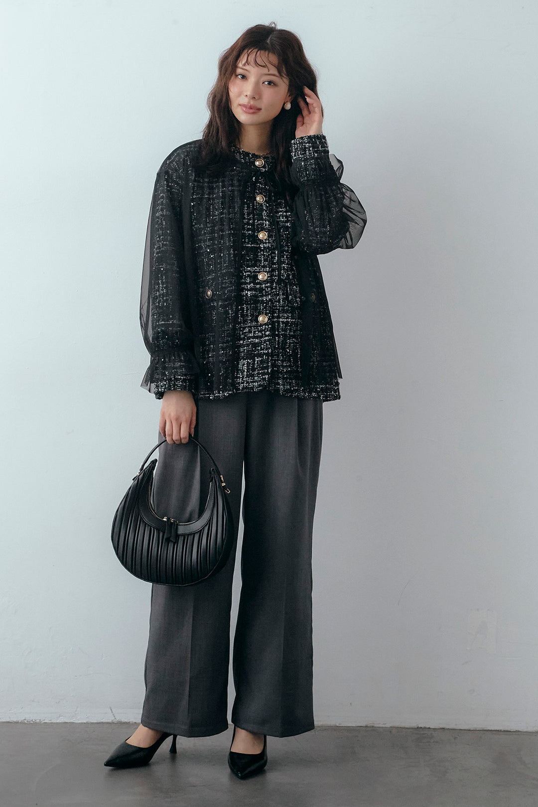 [予約/SET]2wayチュールレイヤードツイードジャケット+スプリングカラータックストレートパンツ(2set)