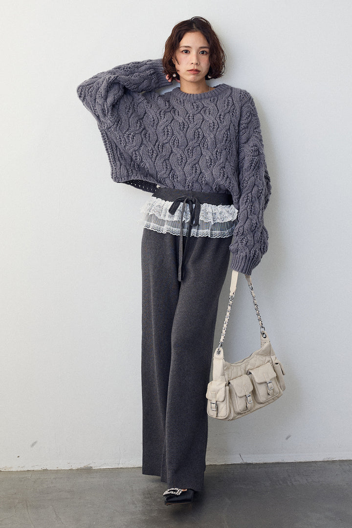 [予約/SET]ニュアンスケーブルクロップドニット+ウエストレースニットストレートパンツ(2set)