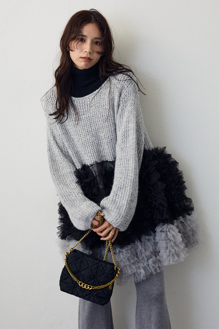 [予約/SET]ホイップチュールドッキングニットワンピ+リブストレッチフレアニットパンツ(2set)