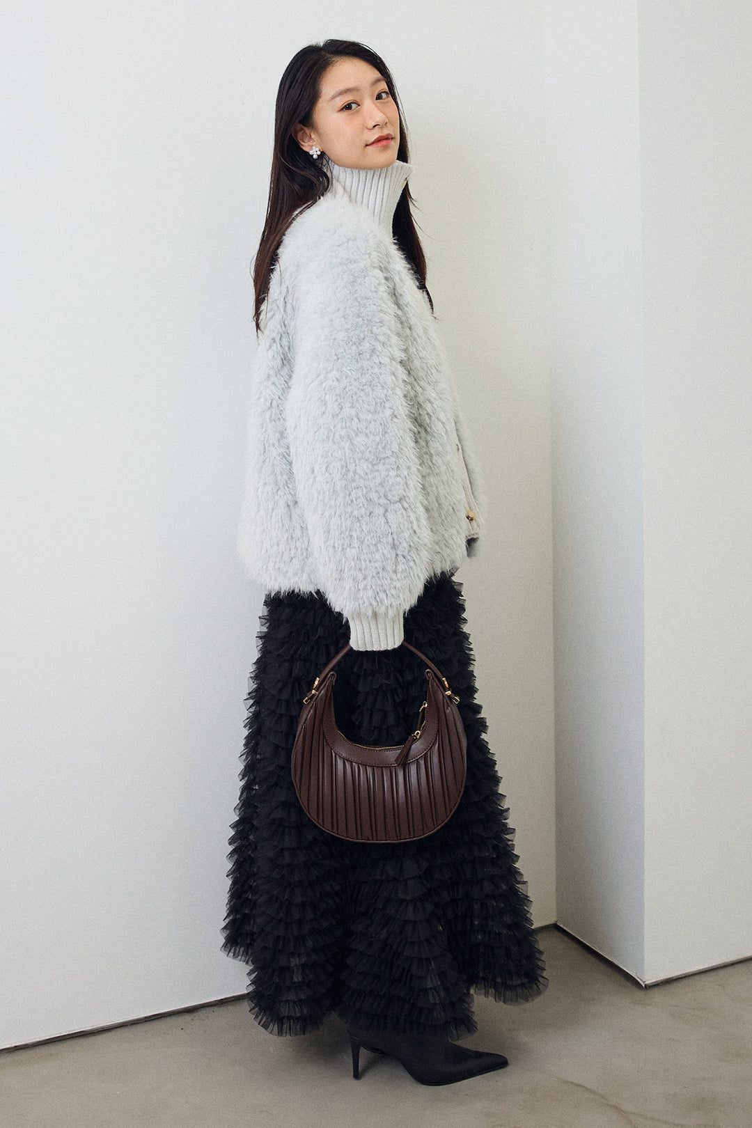 [予約/SET]シャギーファー×リブニットミックスジャケット+ホイップチュールティアードスカート(2set)