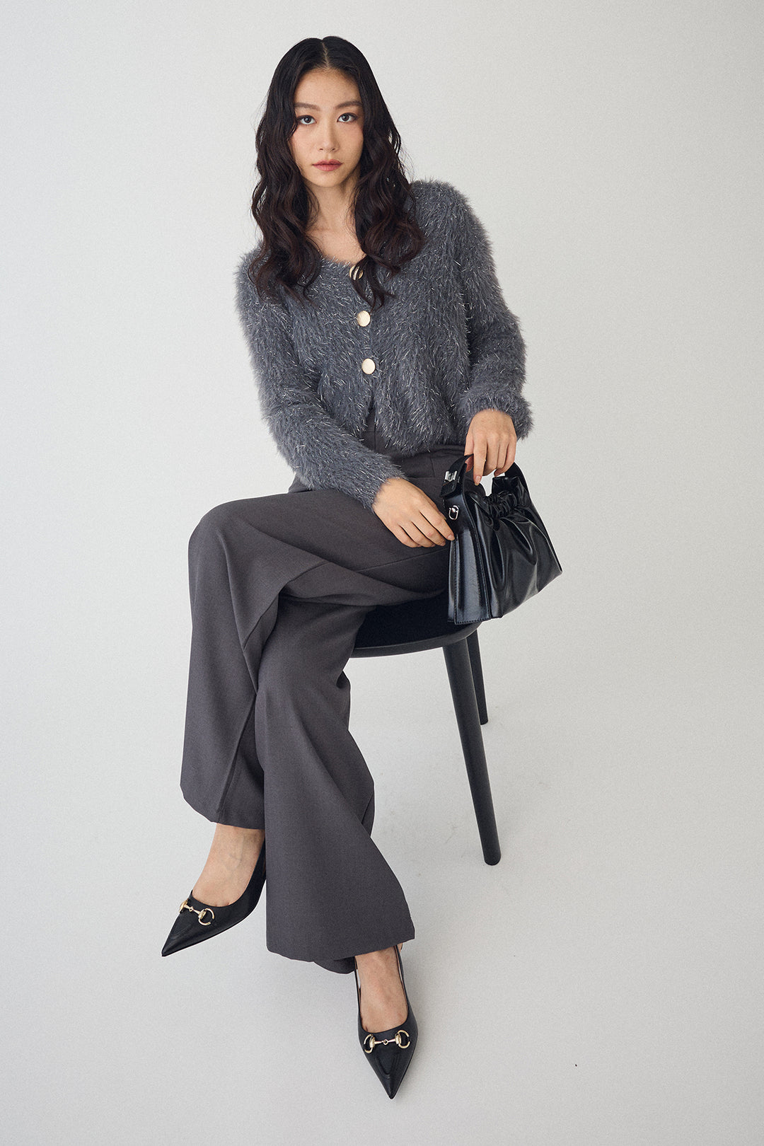 [予約/SET]ゴールドボタンラメシャギーニット+バックリボンストレートパンツ(2set)