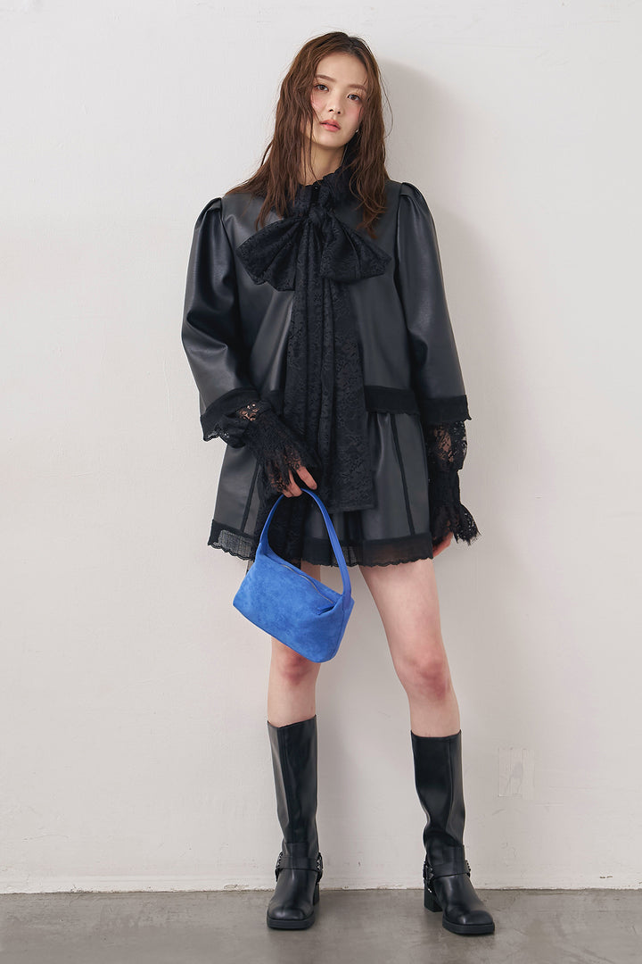 [予約/SET]クラシカルレースボウタイブラウス+フェイクレザーパフスリーブジャケット+レザーライクフレアショートパンツ(3set)