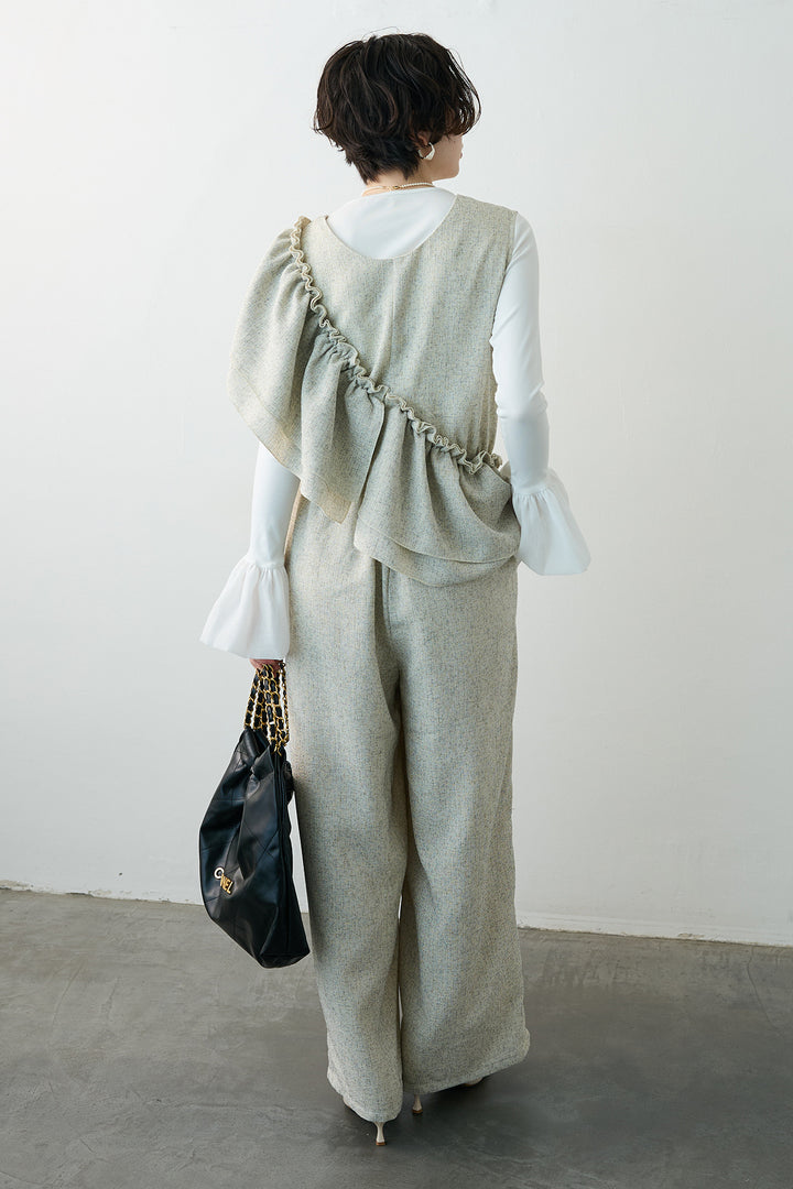 [予約/SET]サイドギャザーフレアチュールカフストップス+サマーツイードマルチウェイロンパース(2set)