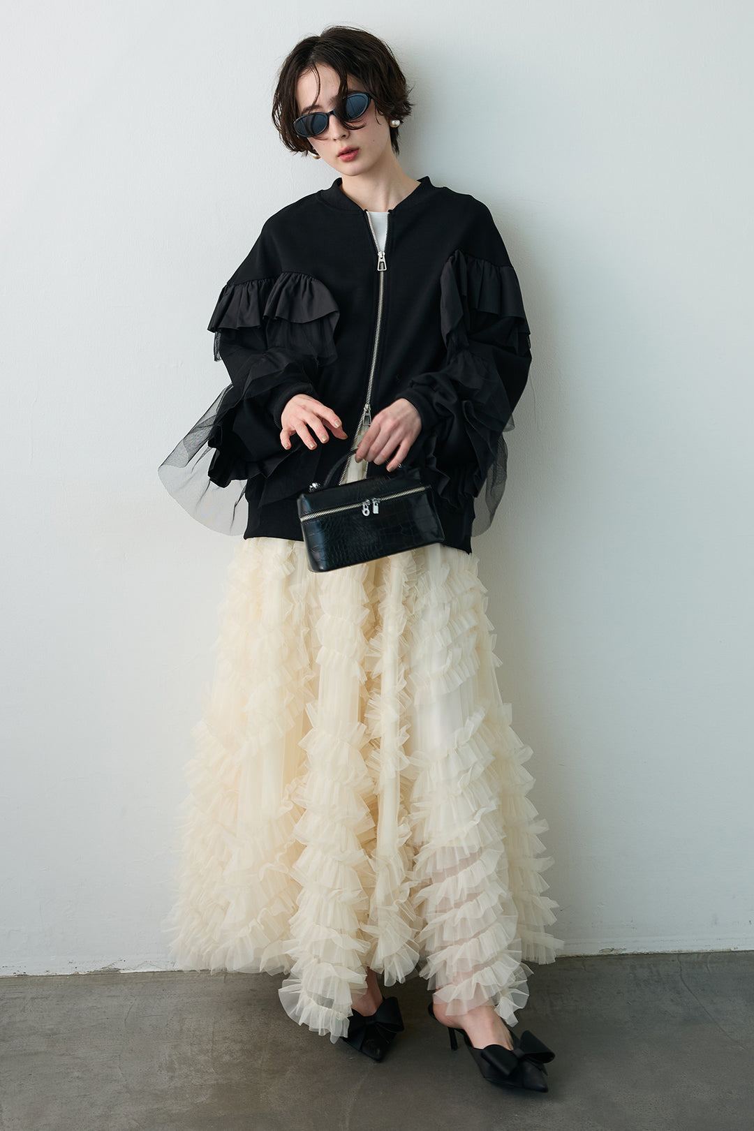 [予約/SET]フリルデザインダブルジップブルゾン+スフレアシメチュールスカート(2set)