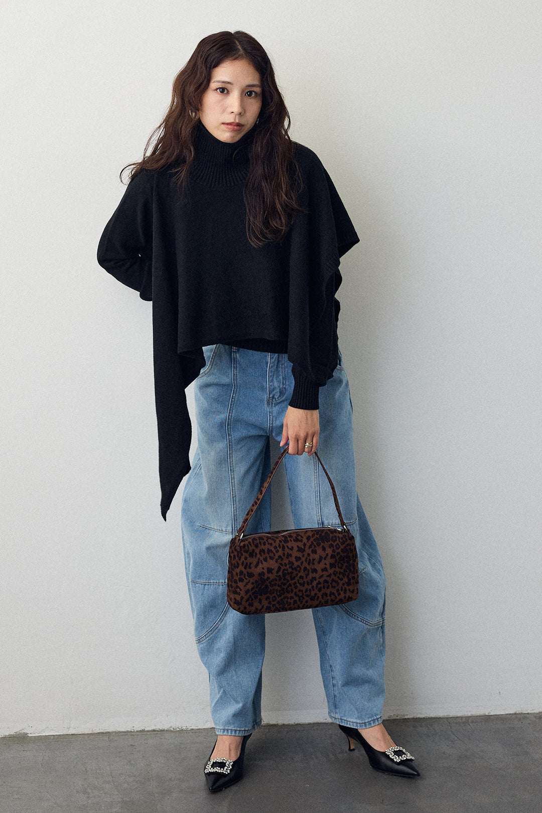 [予約/SET]アシメケープ2wayニット+ステッチ美ラインカーブデニムパンツ(2set)