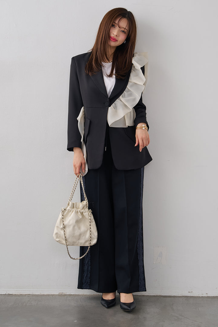 [予約/SET]アシメフリルマニッシュジャケット+サイドレースWフェイスカットソーパンツ(2set)