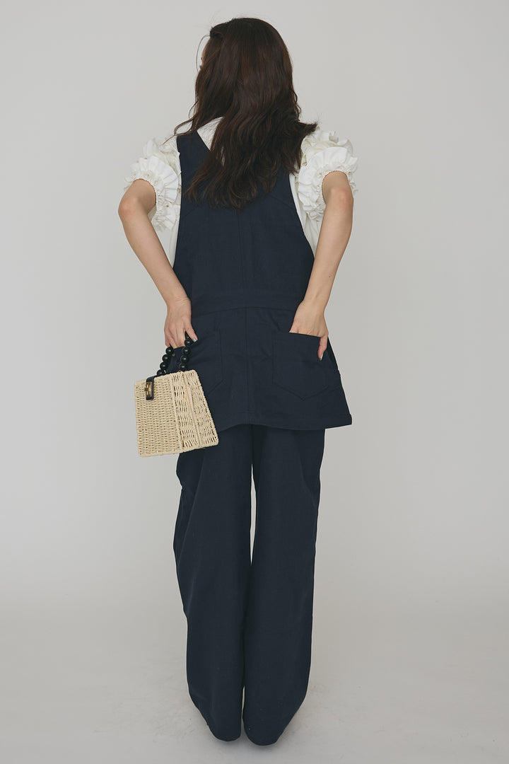 [予約/SET]フリルスリーブプルオーバーブラウス+エプロンデニムサロペ(2set)