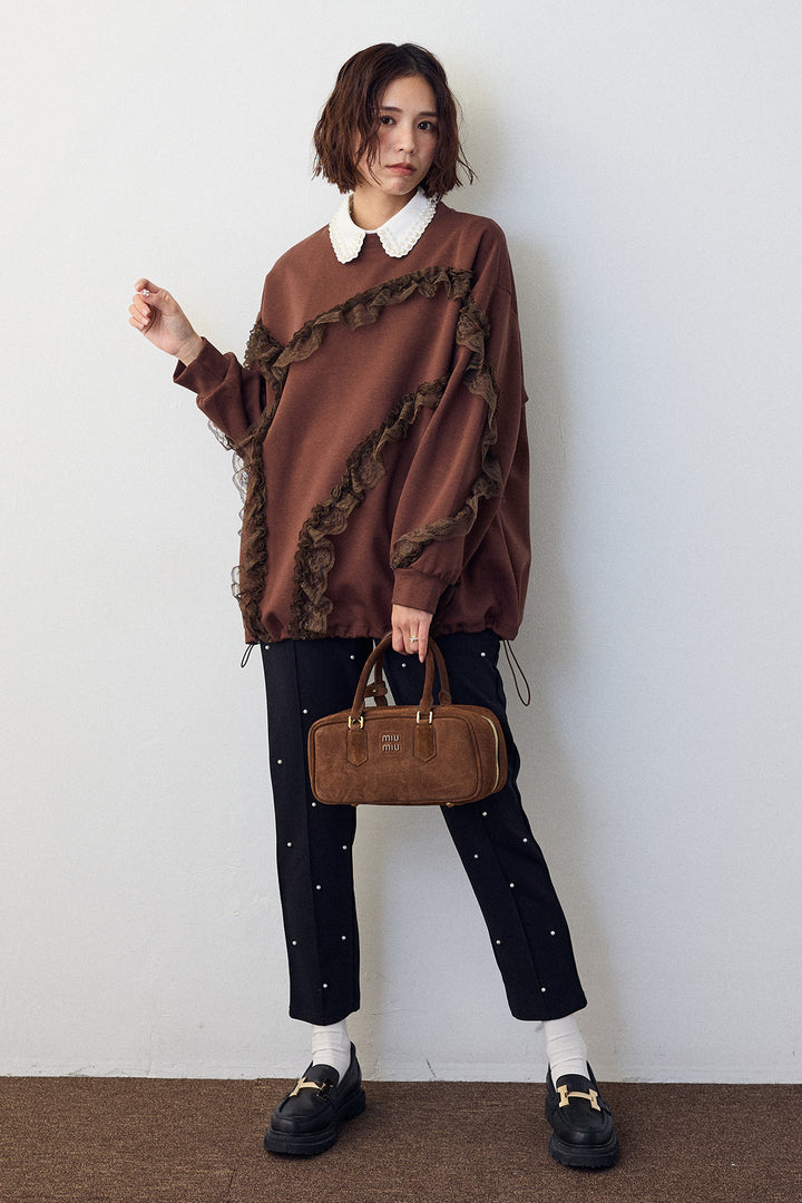 [予約/SET]レースフリルランダムラインスウェット+センターシームランダムパールパンツ(2set)