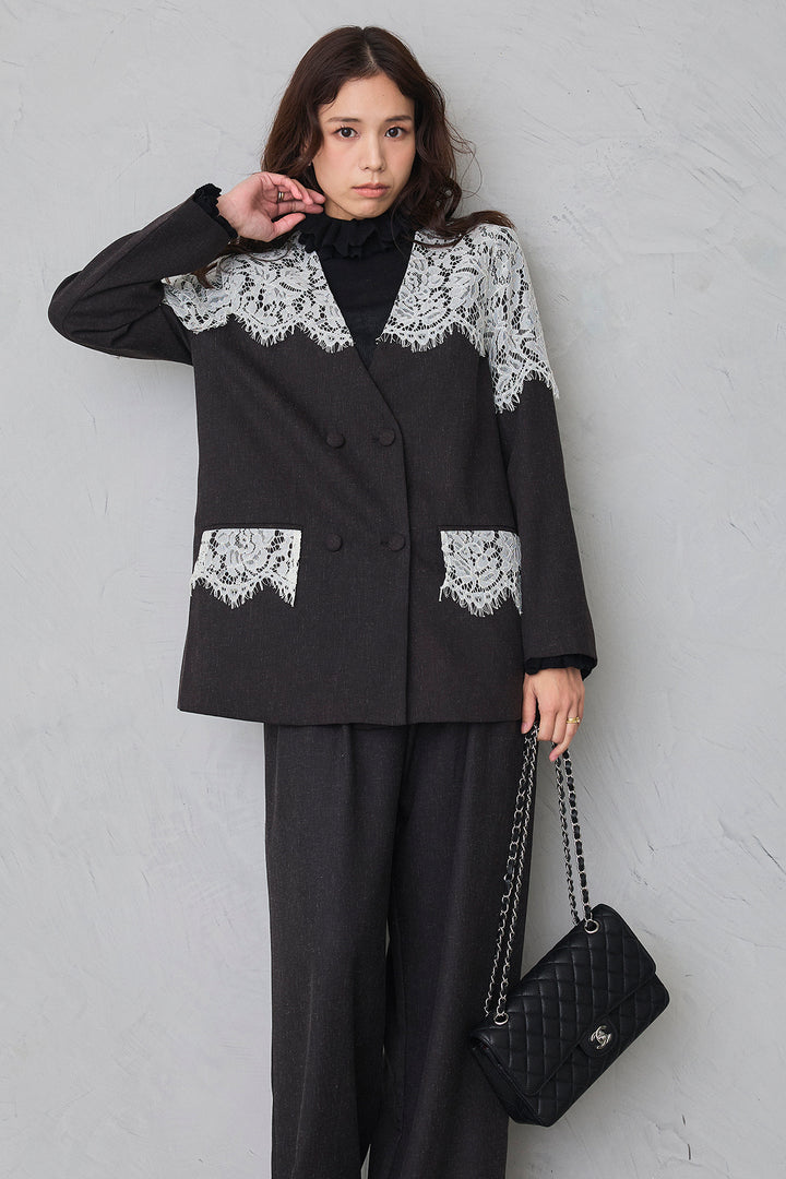 [予約/SET]ショルダーレースデザインジャケット+ライトツイードタックパンツ(2set)