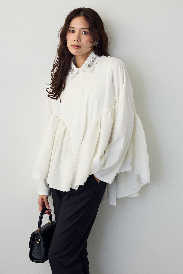 [予約/SET]ビジュー付け襟+フリルテール異素材切替チュニック+タックテーパードパンツ(3set)