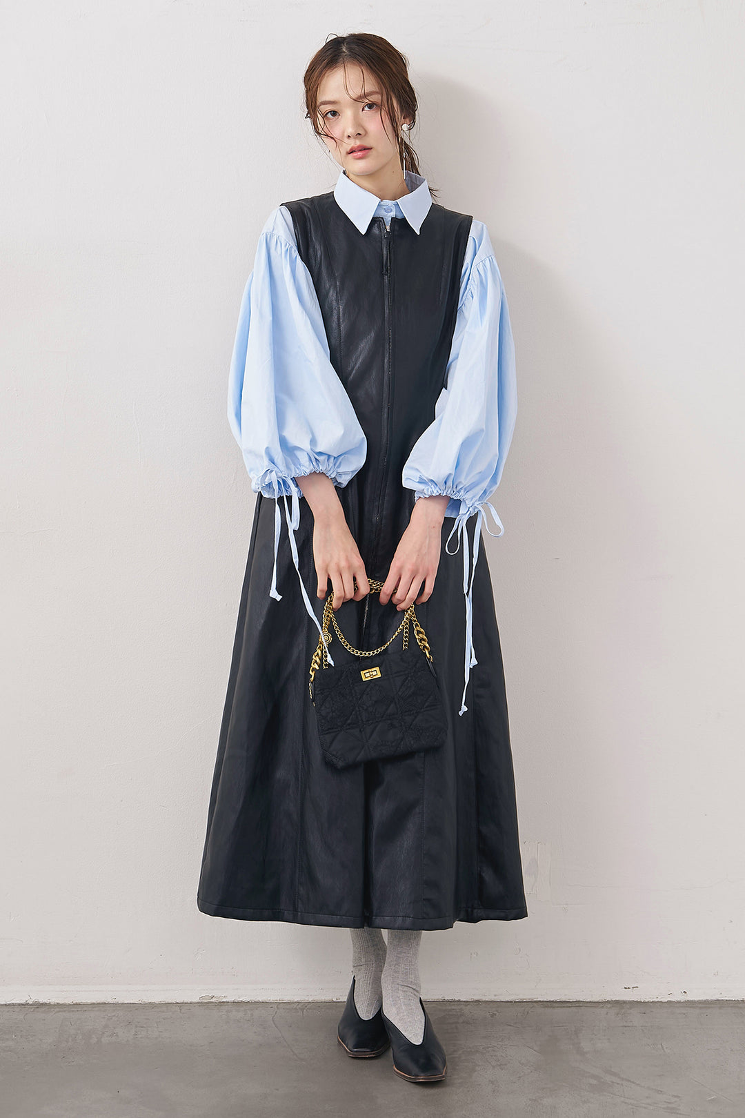 [予約/SET]ワイドスリーブドロストクロップドシャツ+フロントZIPレザーライクジャンスカ(2set)