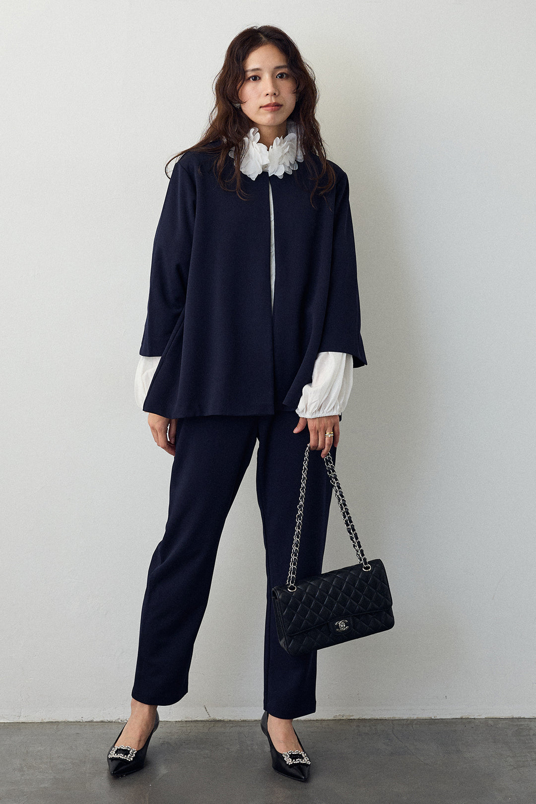 [予約/SET]フラワーフリルネックブラウス+ノーカラージョーゼットセットアップ(2set)