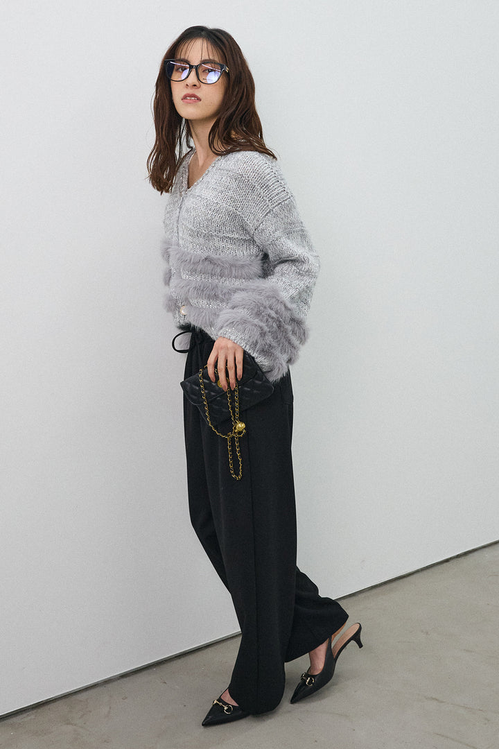 [予約/SET]ネックビジューラインファーニットカーデ+2タック美シルエットパンツ(2set)