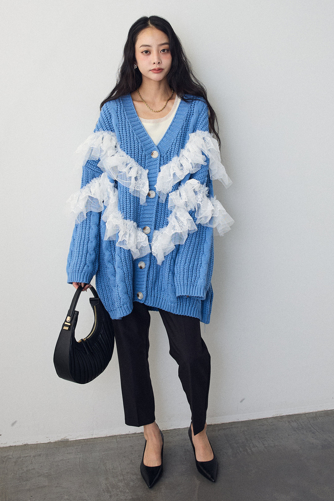 [予約/SET]ラッフルレースドッキングニットBIGカーデ+タックテーパードパンツ(2set)